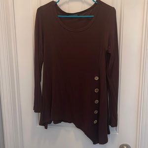 Long sleeve chocolate brown top with bottom down one side of the front.